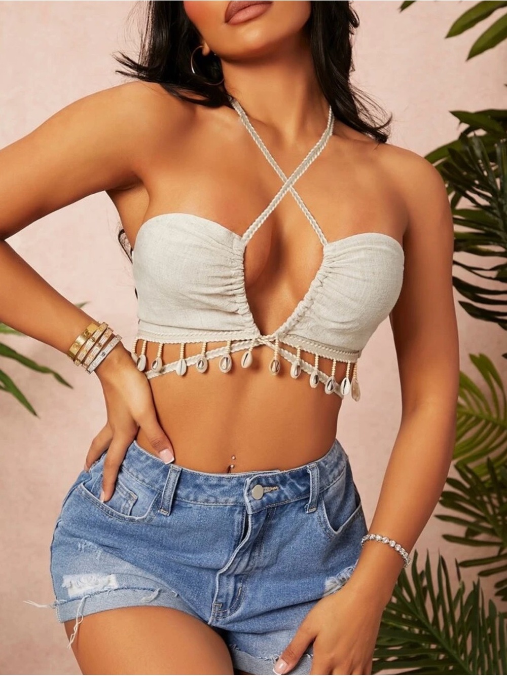 SHEIN Cream Shell-Trim Cross Halter Crop Top
